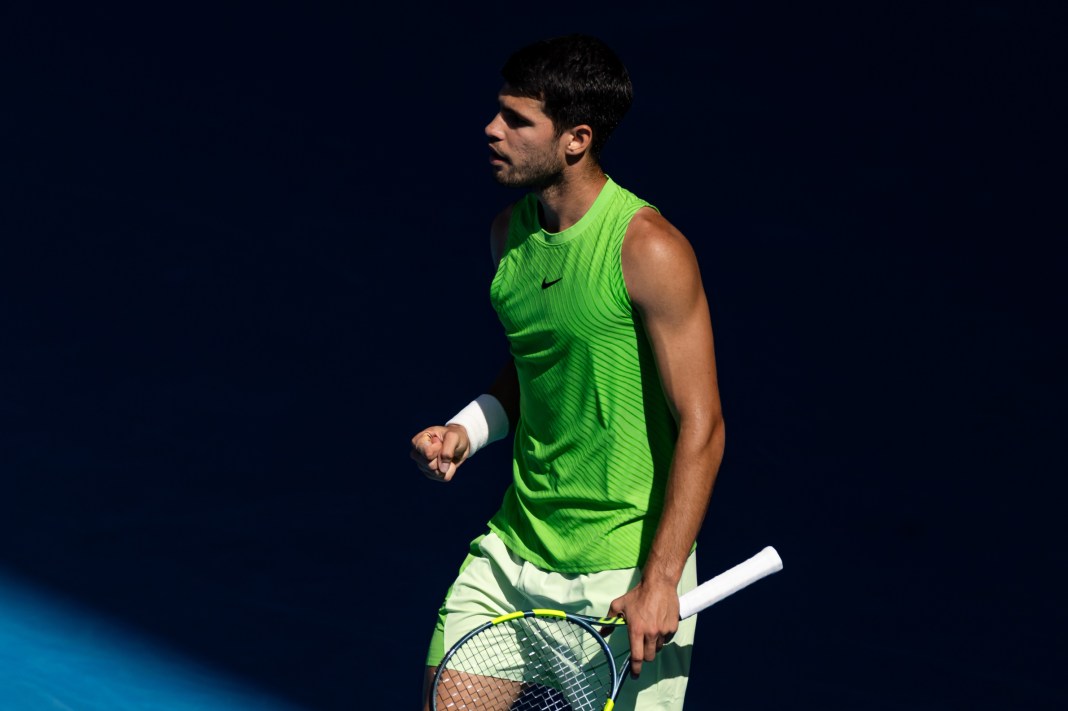 Carlos Alcaraz celebrates a point against Tommy Paul at the 2026 Australian Open.