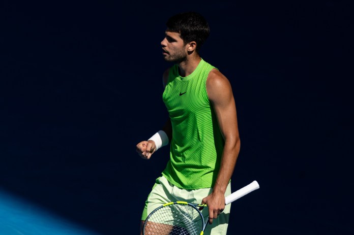 Carlos Alcaraz celebrates a point against Tommy Paul at the 2026 Australian Open.