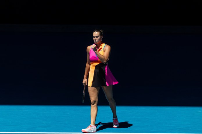Aryna Sabalenka celebrates a point against Iva Jovic at the 2026 Australian Open.