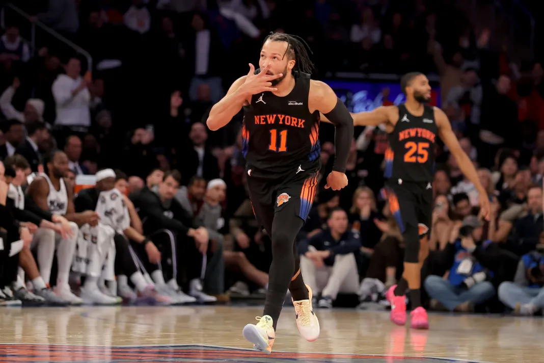 NBA: Sacramento Kings at New York Knicks Knicks superstar Jalen Brunson celebrates a shot against the Kings during the 2025-26 NBA season.