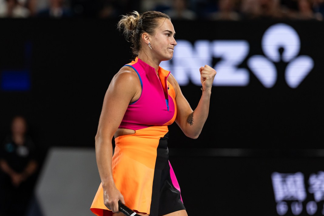 Aryna Sabalenka celebrates a point against Elina Svitolina at the 2026 Australian Open.