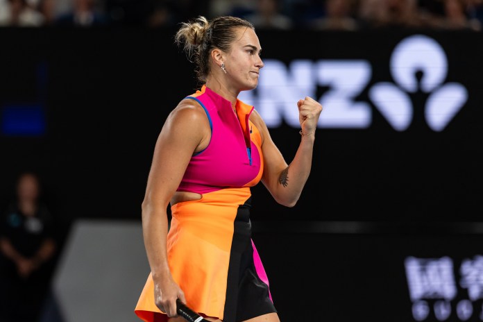 Aryna Sabalenka celebrates a point against Elina Svitolina at the 2026 Australian Open.