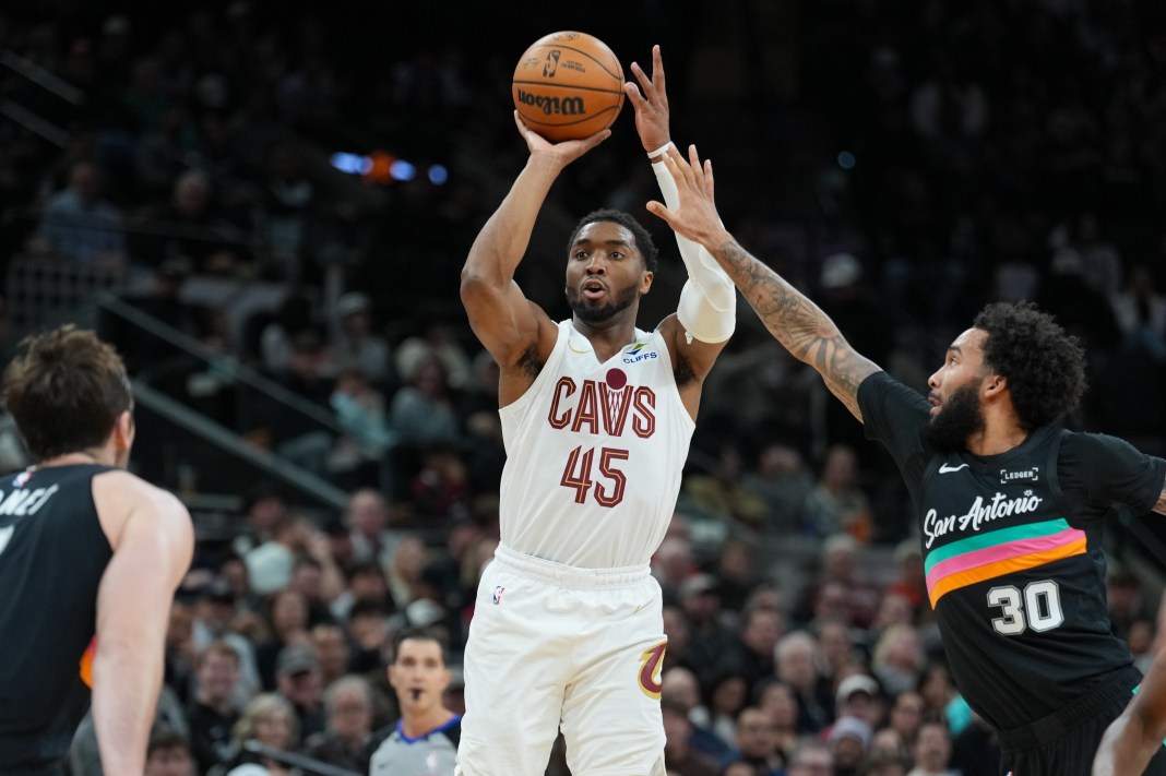 Cavaliers superstar Donovan Mitchell takes a shot against the Spurs during the 2025-26 NBA season.
