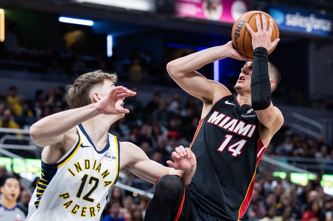 Heat guard Tyler Herro takes a shot against the Pacers during the 2025-26 NBA season.