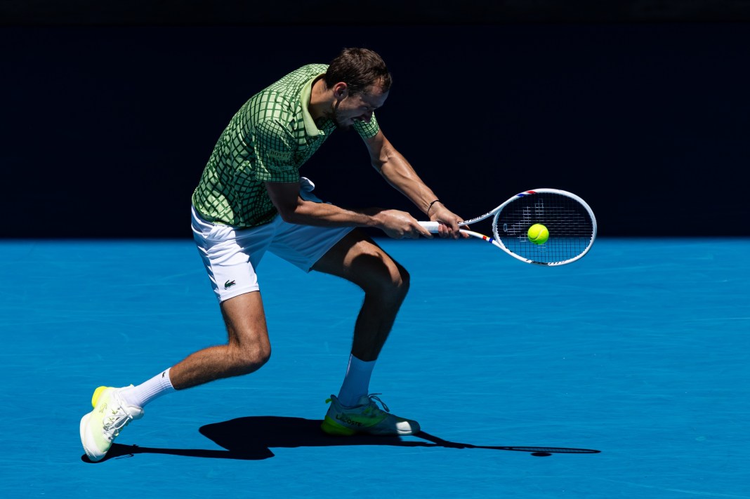 Daniil Medvedev hits a backhand against Fabian Marozsan at the 2026 Australian Open.