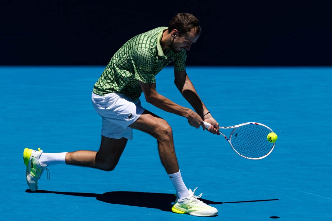 Daniil Medvedev hits a backhand against Fabian Marozsan at the 2026 Australian Open.