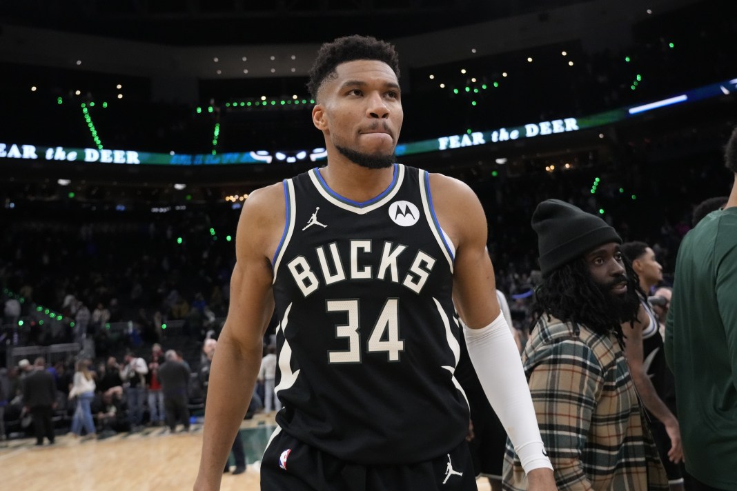 Bucks superstar Giannis Antetokounmpo walks off the floor after a loss to the Nuggets during the 2025-26 NBA season.