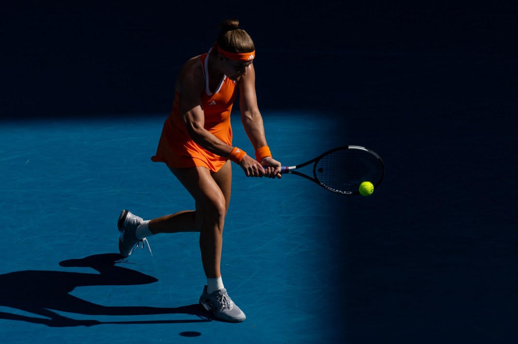 Karolina Muchova hits a backhand against Coco Gauff at the 2026 Australian Open.