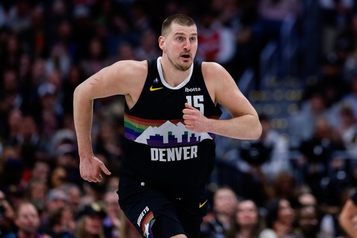 Nuggets superstar Nikola Jokic runs the floor against the Clippers during the 2025-26 NBA season.