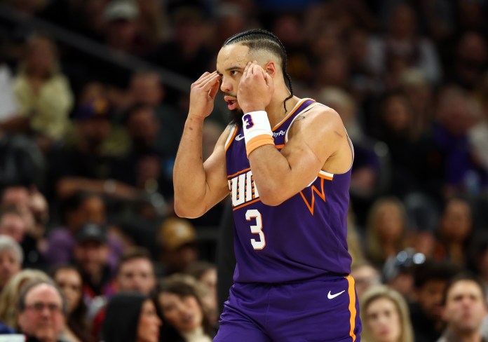 Suns wing Dillon Brooks reacts to a play against the Cavaliers during the 2025-26 NBA season.
