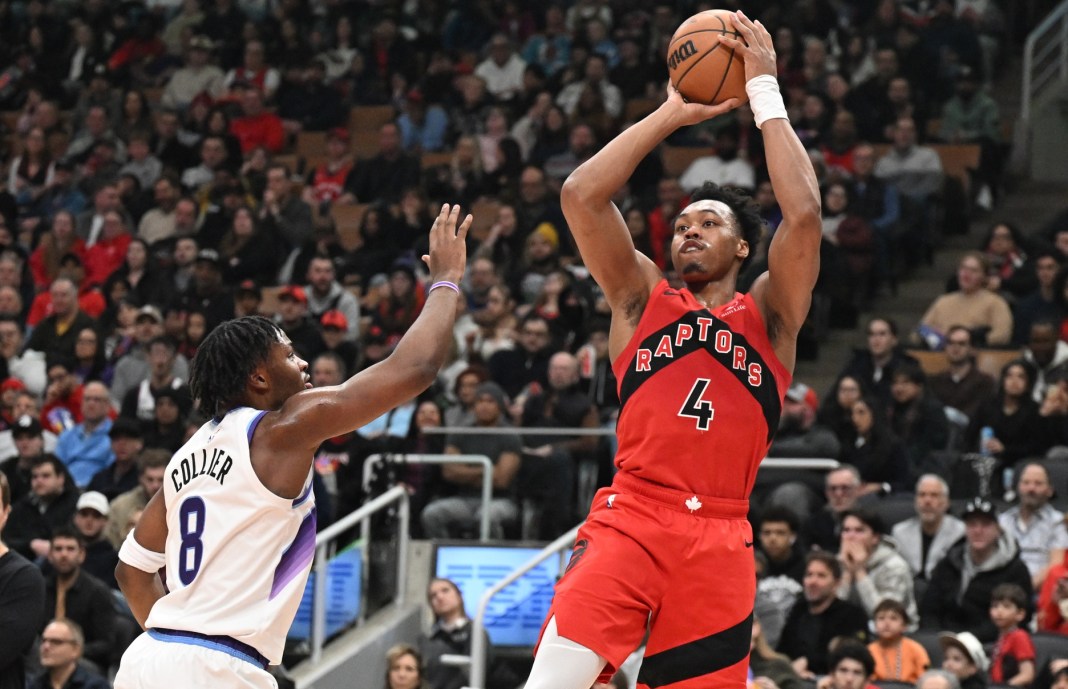 Raptors forward Scottie Barnes takes a jumper against the Jazz during the 2025-26 NBA season.