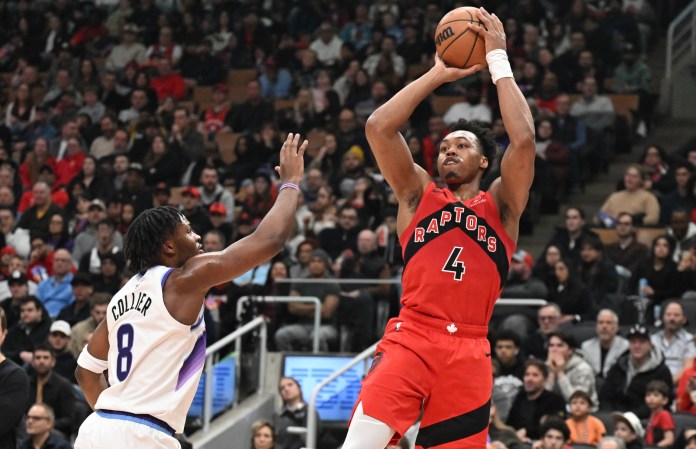 Raptors forward Scottie Barnes takes a jumper against the Jazz during the 2025-26 NBA season.