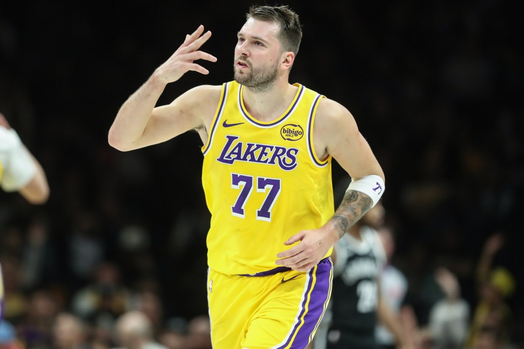 Lakers superstar Luka Doncic celebrates a made shot against the Nets during the 2025-26 NBA season.