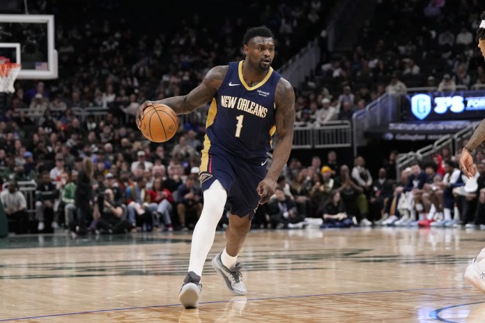 Pelicans forward Zion Williamson looks to make a play against the Bucks during the 2025-26 NBA season.