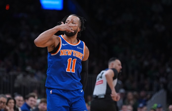 Knicks superstar Jalen Brunson celebrates a bucket against the Celtics during the 2025-26 NBA season.