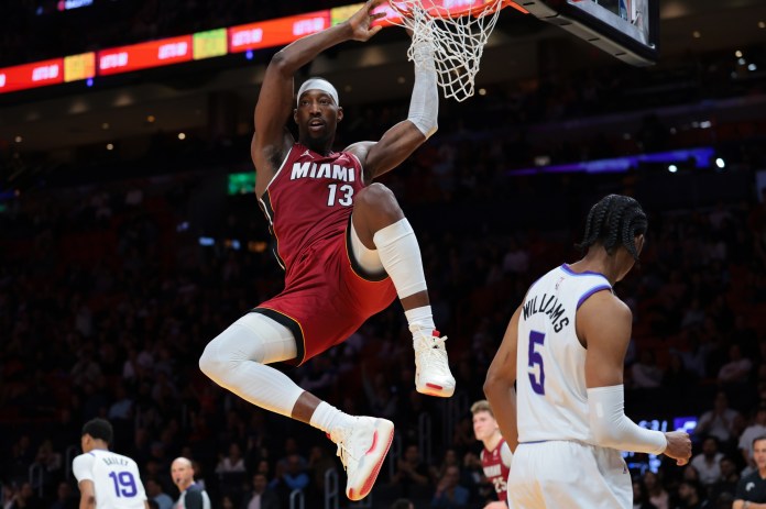 Heat star Bam Adebayo dunks against the Jazz during the 2025-26 NBA season.