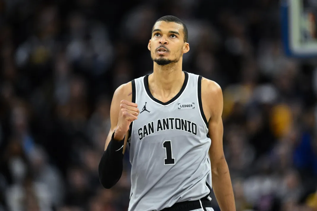 NBA: San Antonio Spurs at Golden State Warriors Spurs star Victor Wembanyama celebrates a play against the Warriors during the 2025-26 NBA season.