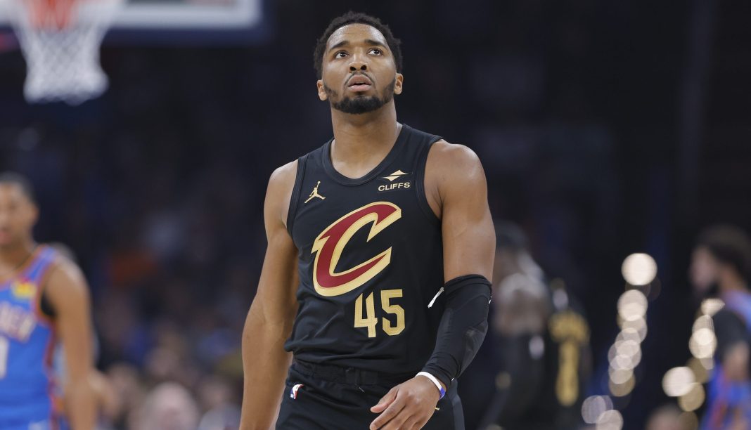 Cavaliers superstar Donovan Mitchell walks up the floor against the Thunder during the 2025-26 NBA season.