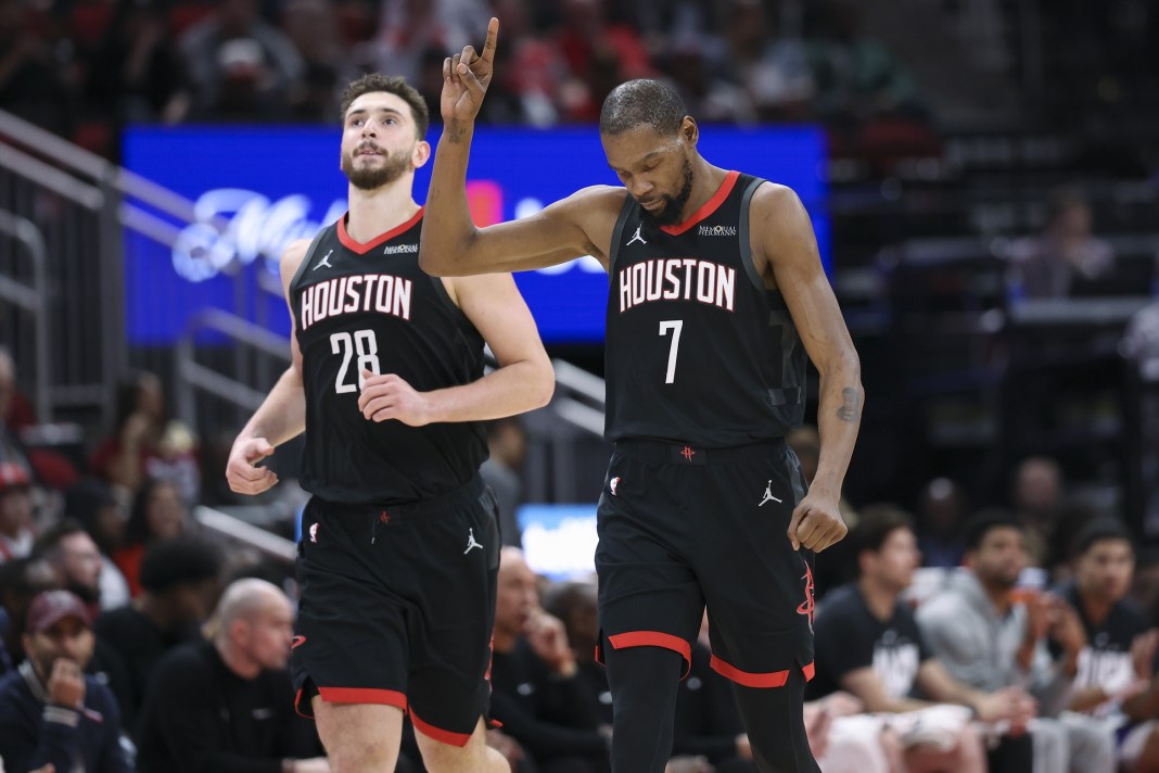 Rocket stars Kevin Durant and Alperen Sengun react to a play against the Kings during the 2025-26 NBA season.