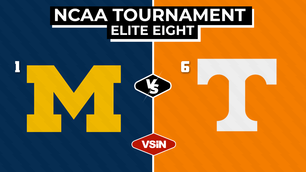 Elite Eight Michigan v Tennessee Michigan vs. Tennessee in Elite Eight of 2026 NCAA Tournament. March Madness.