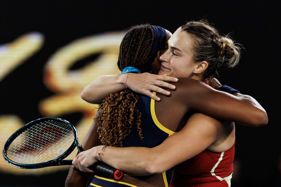 Coco Gauff and Aryna Sabalenka hug after the 2024 Australian Open semifinals.