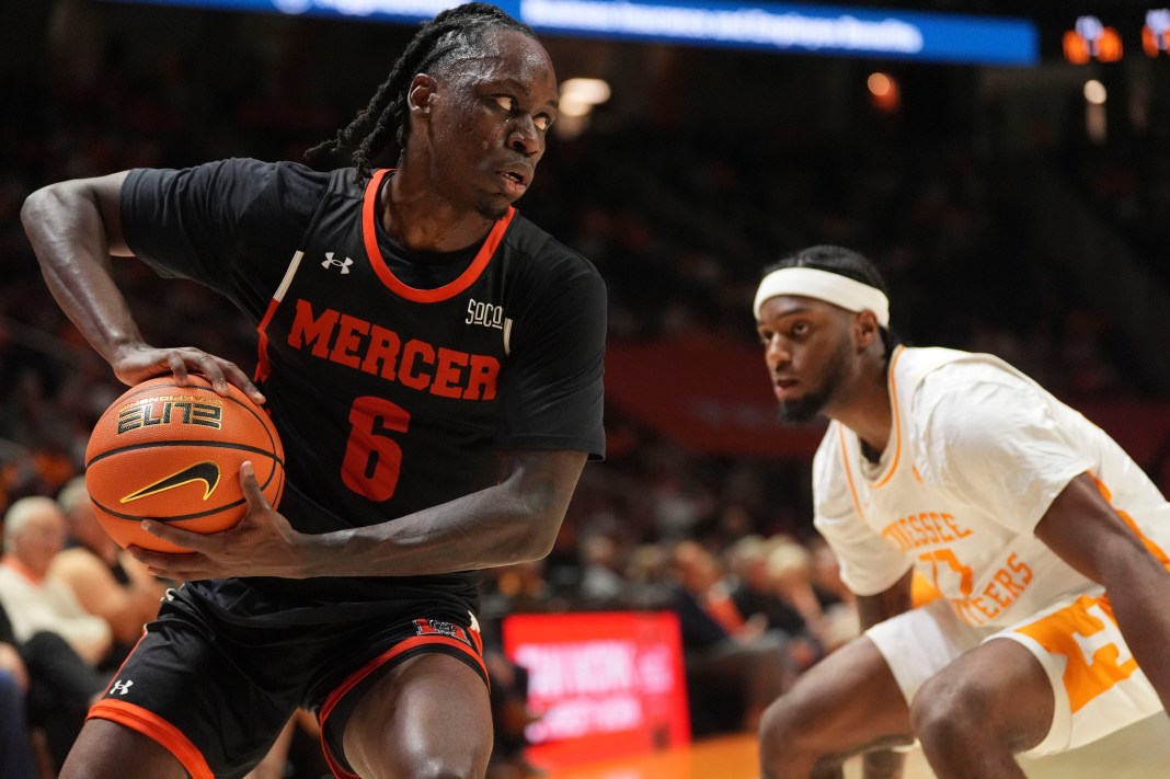 Mercer guard Baraka Okojie looks to make a play against Tennessee during the 2025-26 college basketball season.