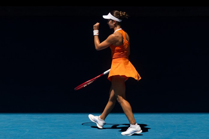 Iva Jovic celebrates a point won against Aryna Sabalenka at the 2026 Australian Open.