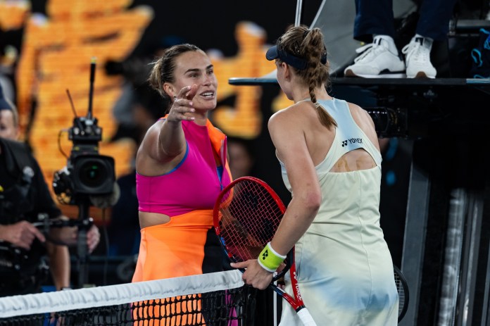Aryna Sabalenka and Elena Rybakina meet at the net after the 2026 Australian Open.