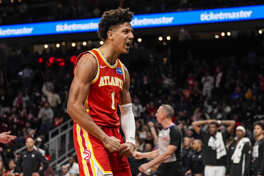 Hawks star Jalen Johnson celebrates a bucket during the 2025-26 NBA season.