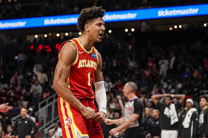 Hawks star Jalen Johnson celebrates a bucket during the 2025-26 NBA season.