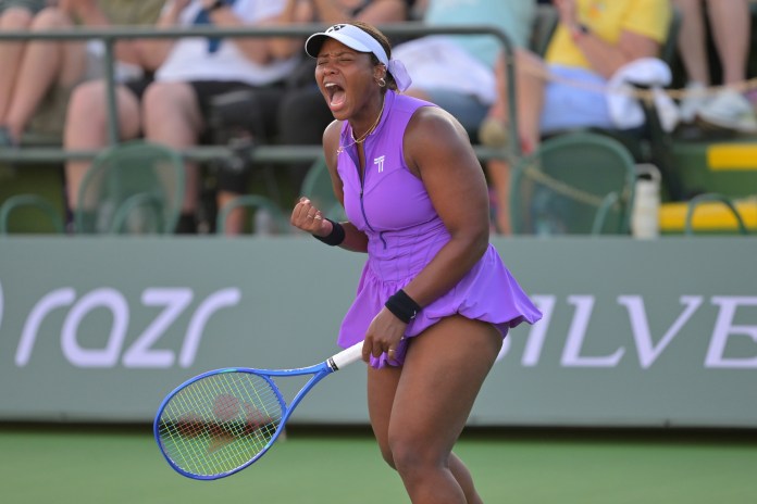 Taylor Townsend celebrates a win in the 2026 BNP Paribas Open qualifying rounds in Indian Wells.