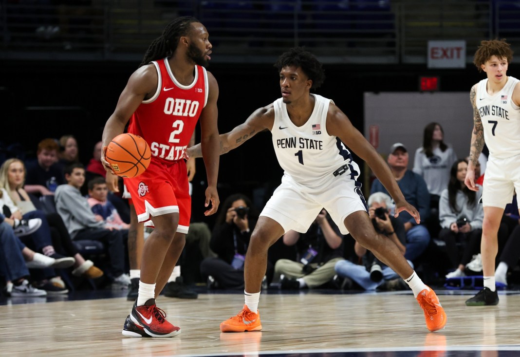 Ohio State guard Bruce Thornton looks to make a play against Penn State during the 2025-26 college basketball season.
