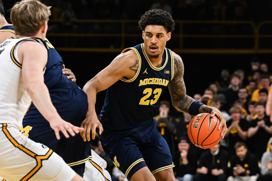 Michigan star Yaxel Lendeborg looks to make a play against Iowa during the 2025-26 college basketball season.