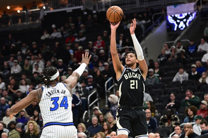 Bucks forward Ousmane Dieng takes a shot against the Magic during the 2025-26 NBA season.