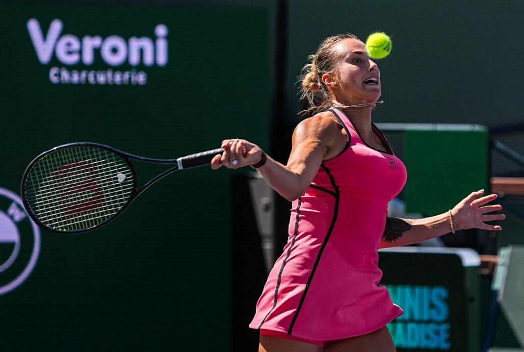 Aryna Sabalenka hits a forehand against Victoria Mboko at the 2026 BNP Paribas Open in Indian Wells.