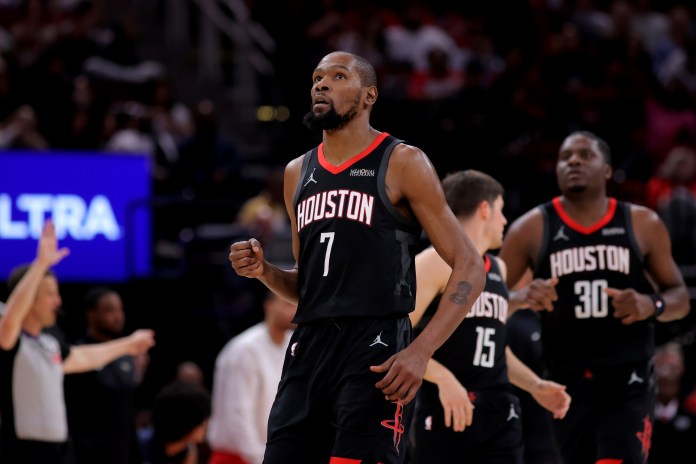 Rockets star Kevin Durant celebrates a play against the Pelicans during the 2025-26 NBA season.