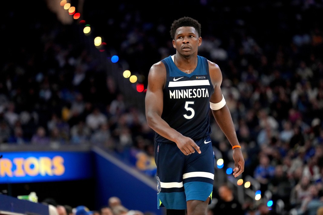Timberwolves star Anthony Edwards walks against the Warriors during the 2025-26 NBA season.