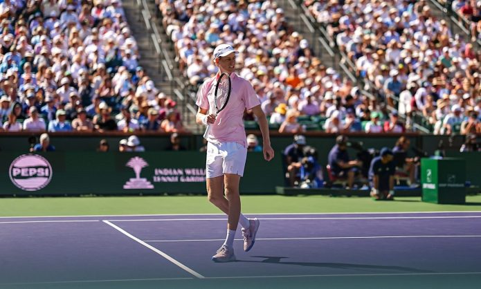 Jannik Sinner celebrates a point against Alexander Zverev during the 2026 BNP Paribas Open at Indian Wells.