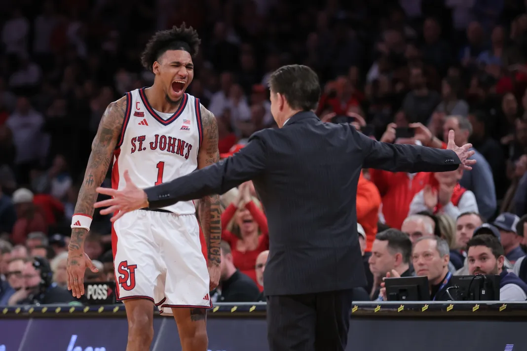 NCAA Basketball: Big East Conference Tournament Championship - Connecticut vs St. Johns St. John's forward Dillon Mitchell hugs Rick Pitino after winning the Big East during the 2025-26 college basketball season.