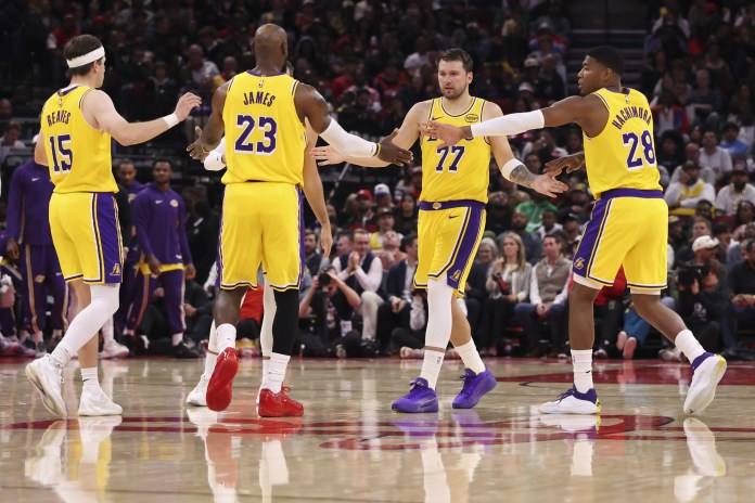 Lakers teammates Luka Doncic, Austin Reaves, LeBron James, and Rui Hachimura meet against the Rockets during the 2025-26 NBA season.