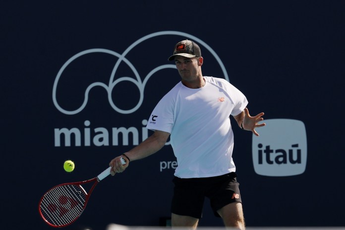 Tommy Paul hits a forehand against Adrian Mannarino at the 2026 Miami Open.