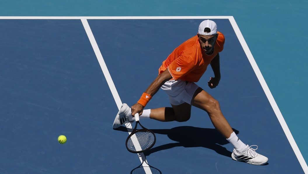 Tennis: Miami Open Francisco Cerundolo hits a backhand against Daniil Medvedev at the 2026 Miami Open.
