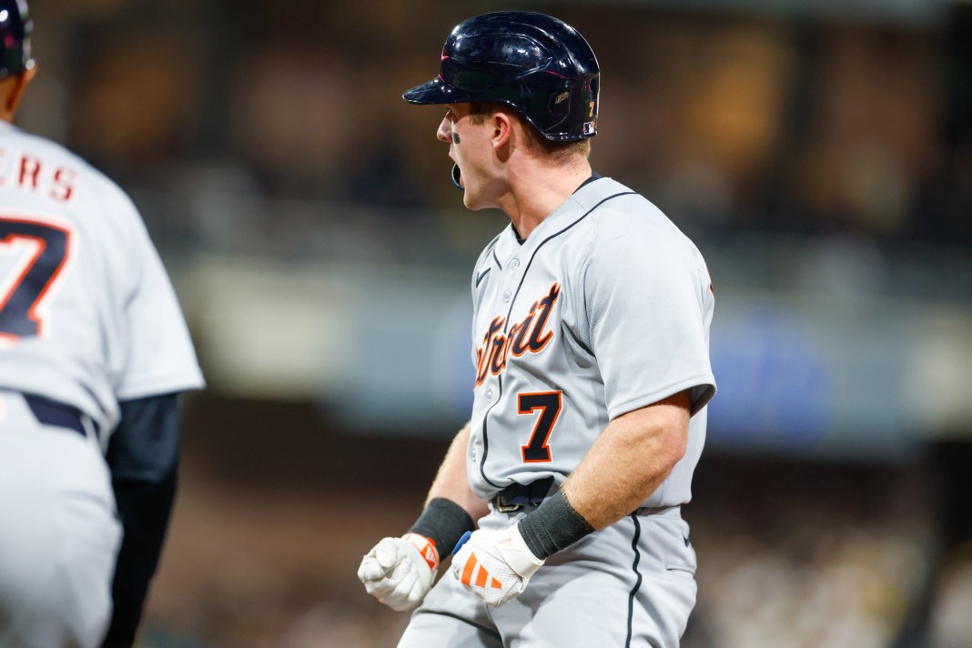 Tigers shortstop Kevin McGonigle celebrates a hit against the Padres during the 2026 MLB season.