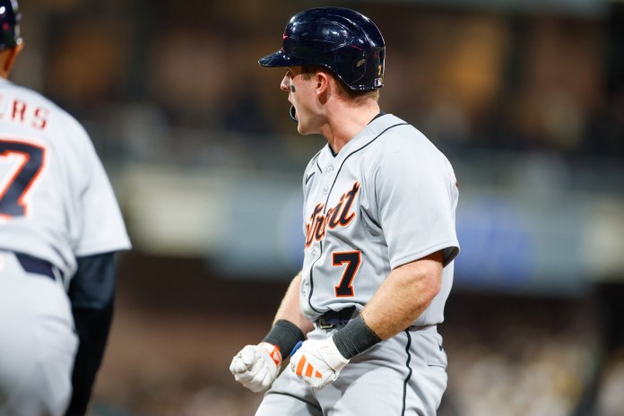 Tigers shortstop Kevin McGonigle celebrates a hit against the Padres during the 2026 MLB season.