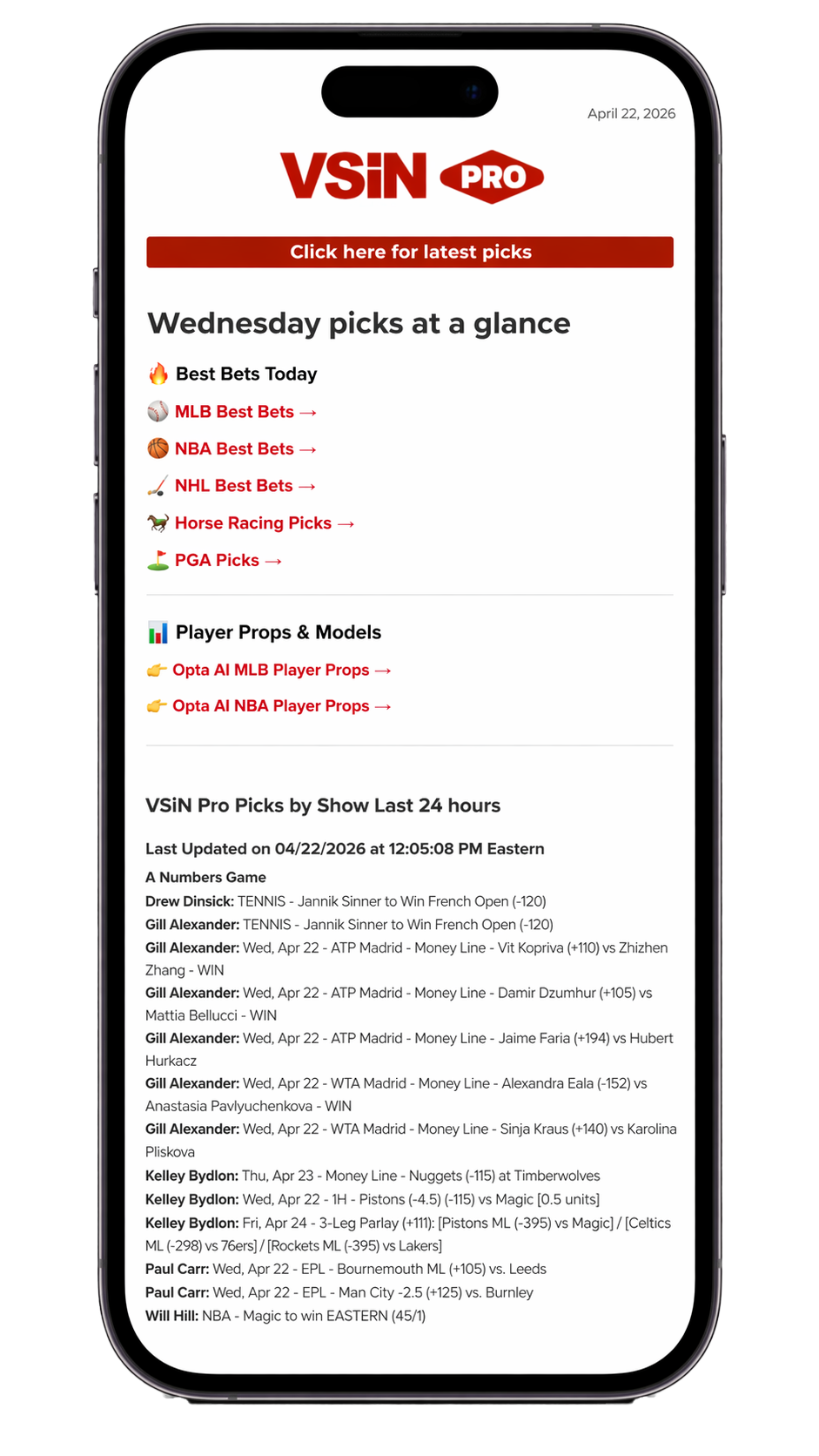 VSiN Pro daily picks email on mobile: picks at a glance, player props, and recent show picks