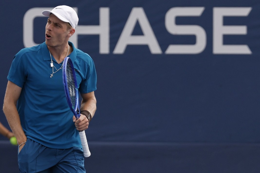 Denis Shapovalov reacts to a point against Valentin Royer at the 2025 US Open.