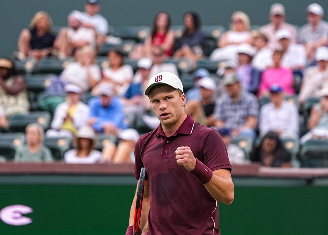 Jenson Brooksby reacts to a point against Frances Tiafoe at the 2026 BNP Paribas Open in Indian Wells.