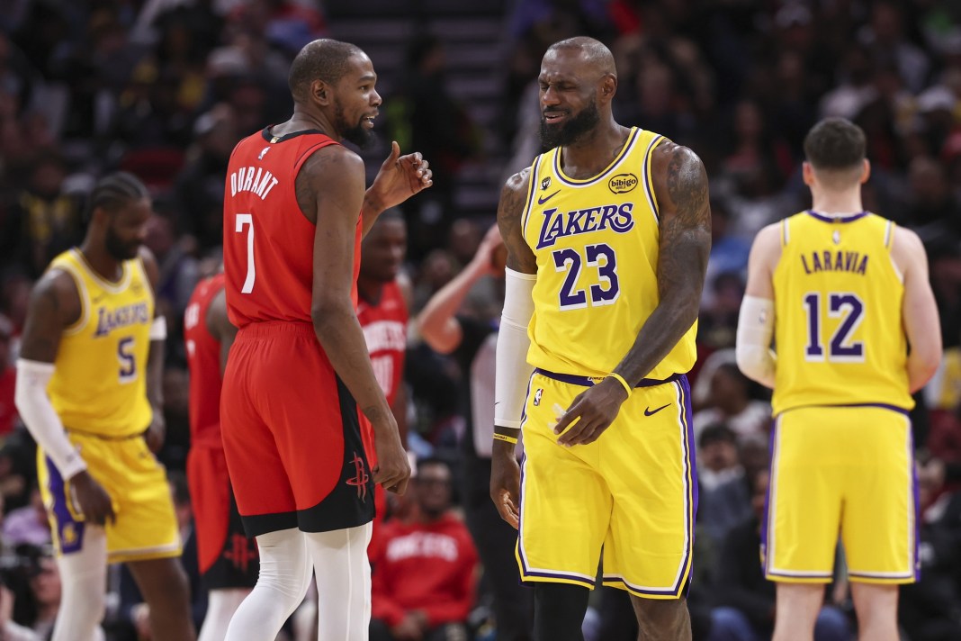 Rockets star Kevin Durant and Lakers star LeBron James during the 2025-26 NBA season.