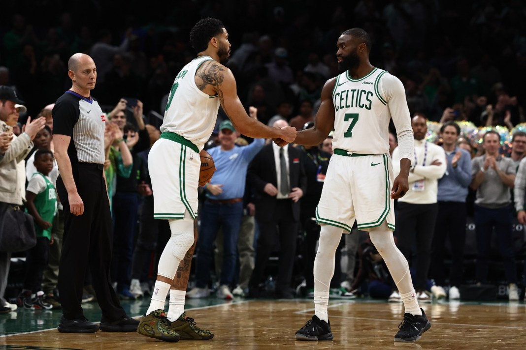 Celtics stars Jayson Tatum and Jaylen Brown against the Thunder during the 2025-26 NBA season.