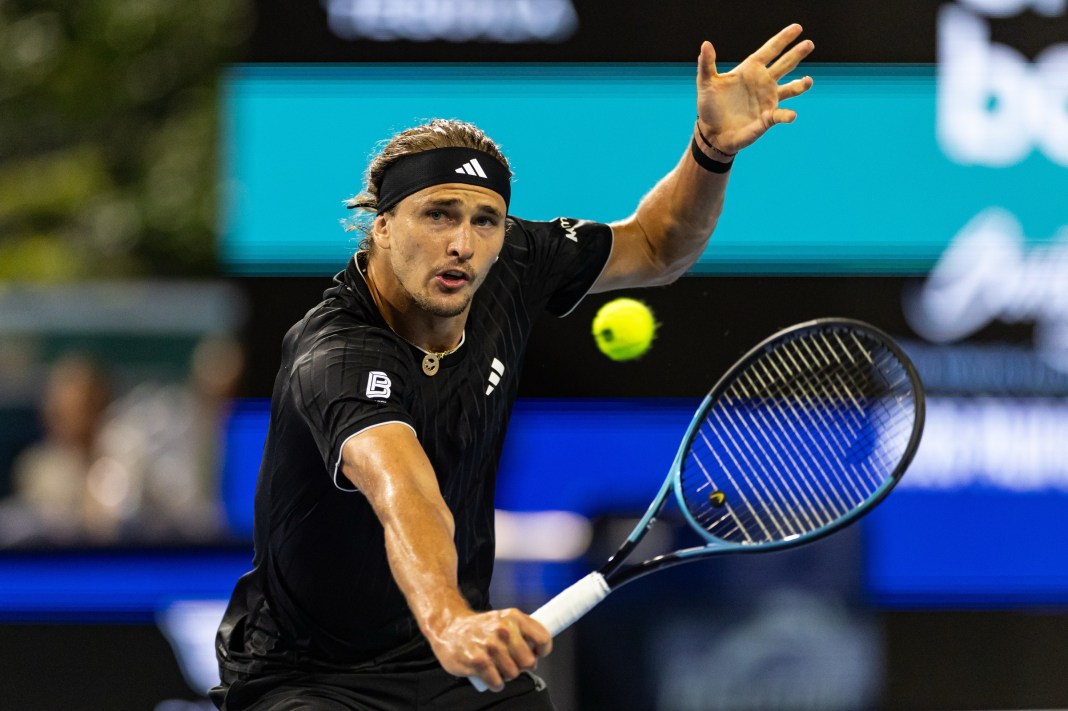 Alexander Zverev hits a backhand against Jannik Sinner at the 2026 Miami Open.